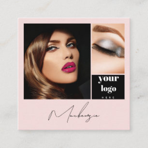 Elegant Blush Pink Black Script 3 Photo Makeup Square Business Card