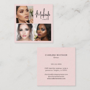 Elegant Blush Pink Black Script 3 Photo Makeup Square Business Card