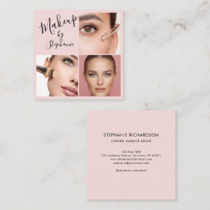Elegant Blush Pink Black Script 3 Photo Makeup Square Business Card