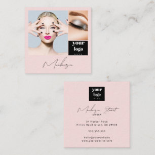 Elegant Blush Pink Black Script 3 Photo Makeup Square Business Card