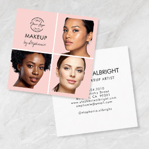 Elegant Blush Pink Black Script 3 Photo Makeup Square Business Card