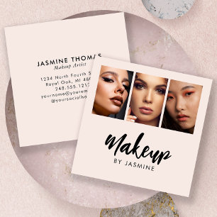 Elegant Blush Pink Black Script 3 Photo Makeup Square Business Card