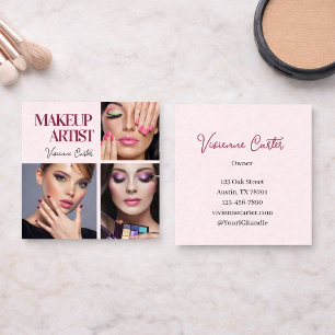 Elegant Blush Pink Black Script 3 Photo Makeup Square Business Card