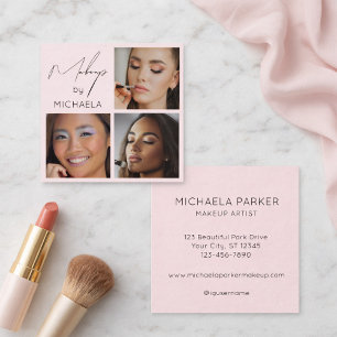 Elegant Blush Pink Black Script 3 Photo Makeup  Square Business Card
