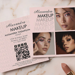 Elegant Blush Pink Black Script 3 Photo Makeup Square Business Card