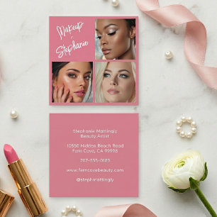 Elegant Blush Pink Black Script 3 Photo Makeup Square Business Card