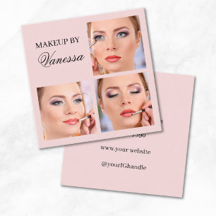 Elegant Blush Pink Black Script 3 Photo Makeup Square Business Card