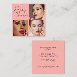 Elegant Blush Pink Black Script 3 Photo Makeup Square Business Card