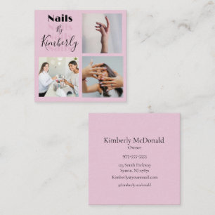 Elegant Blush Pink Black Script 3 Photo Nail Salon Square Business Card