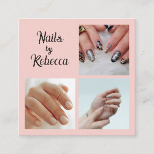 Elegant Blush Pink Black Script 3 Photo Nails  Square Business Card