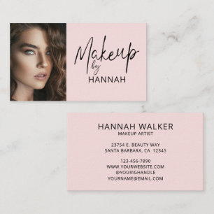 Elegant Blush Pink Black Script Photo Makeup Business Card
