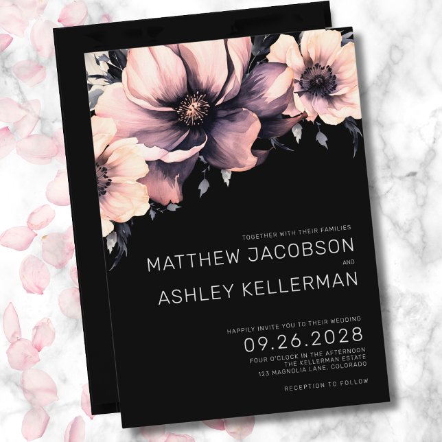 Elegant Blush Pink Black Wedding Floral Invitation (Elegant Floral Blush Pink Black Wedding Invitation)