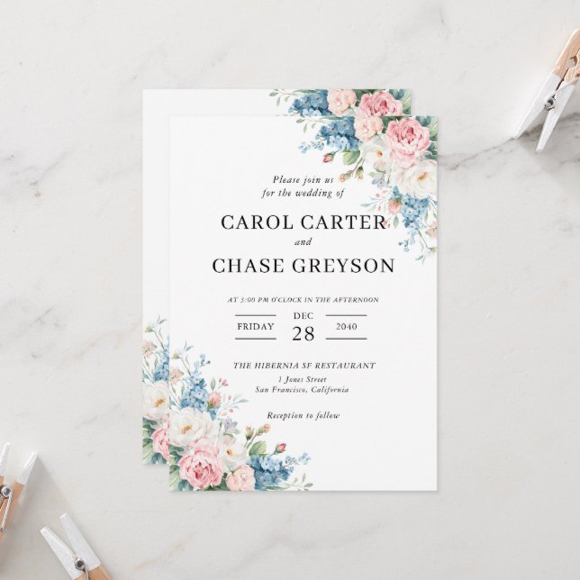 Elegant Blush Pink & Blue Floral Wedding Invitation (Front/Back In Situ)