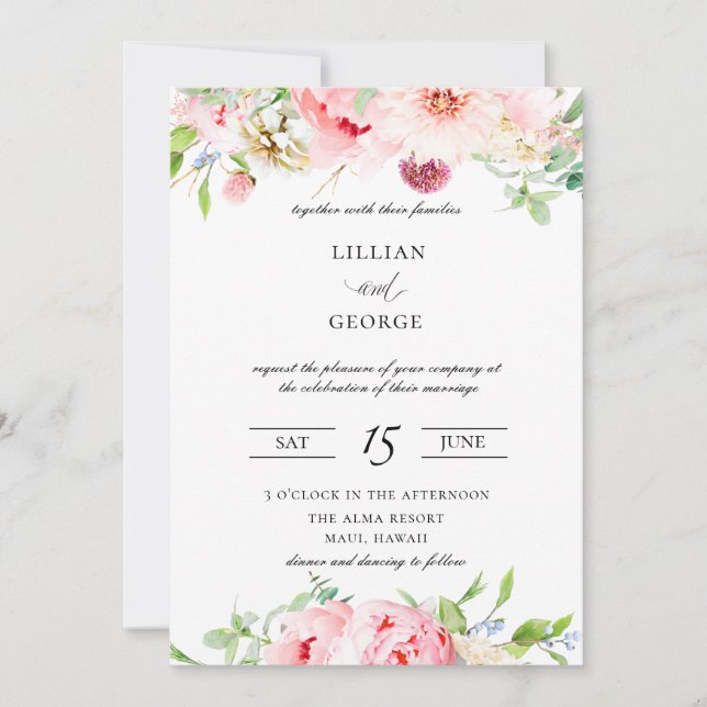 Elegant Blush Pink Botanical Wedding Invitation (Front)