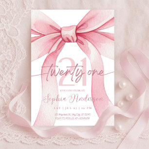 Elegant Blush Pink Bow 21th Birthday Invitation