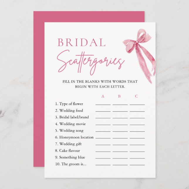 Elegant Blush Pink Bow Bridal Scattergories Game Invitation (Front/Back)
