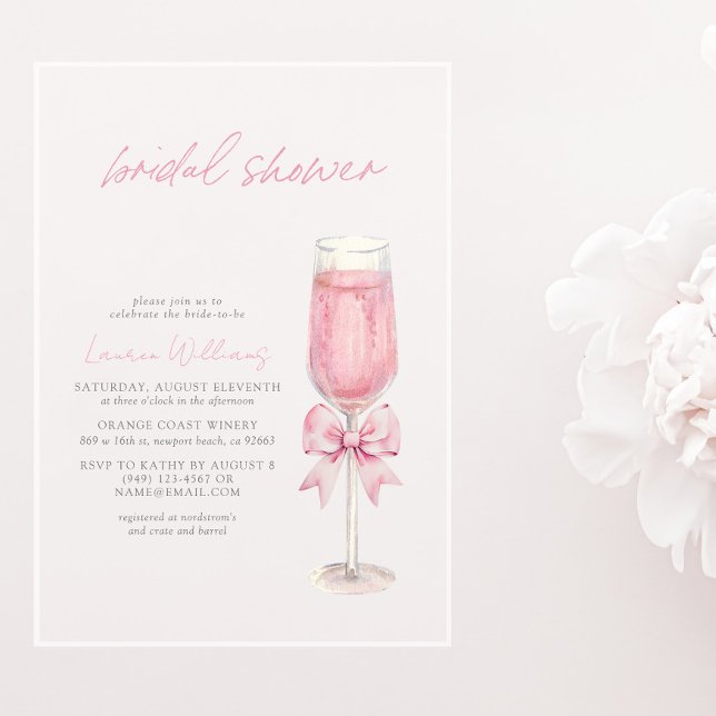 Elegant Blush Pink Bow Champagne Bridal Shower Acrylic Invitations (Creator Uploaded)