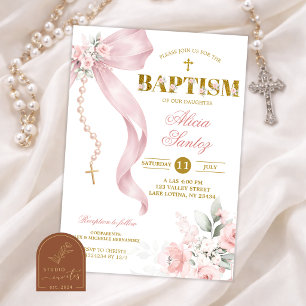 Elegant Blush Pink Bow Coquette Rosary Baptism Invitation