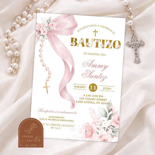 Elegant Blush Pink Bow Coquette Rosary Bautizo Invitation (Creator Uploaded)