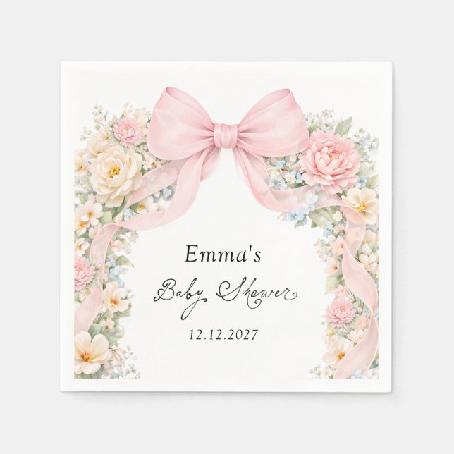 Elegant Blush Pink Bow Floral Baby Shower Napkin (Front)
