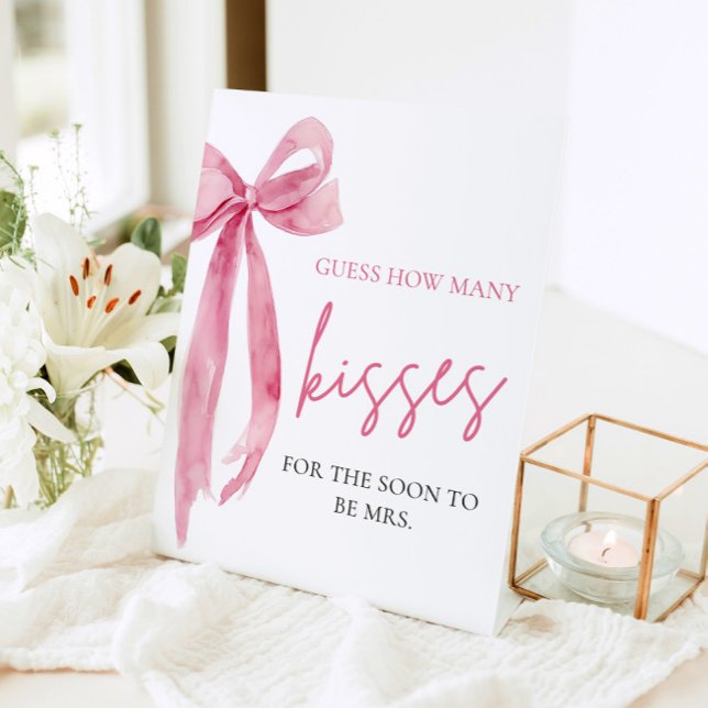 Elegant Blush Pink Bow Guess How Many Kisses Game Pedestal Sign (Elegant Blush Pink Bow Guess How Many Kisses Game Sign)