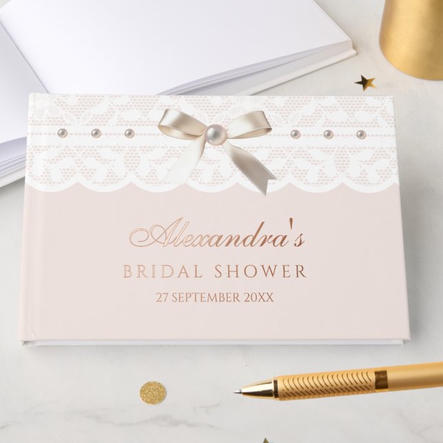 Elegant Blush Pink Bow Lace Bridal Shower Guest Book (Creator Uploaded)