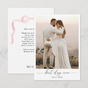 Elegant Blush Pink Bow Monogram Photo Wedding Thank You Card