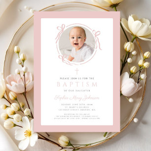 Elegant Blush Pink Bow Photo Baptism Invitation