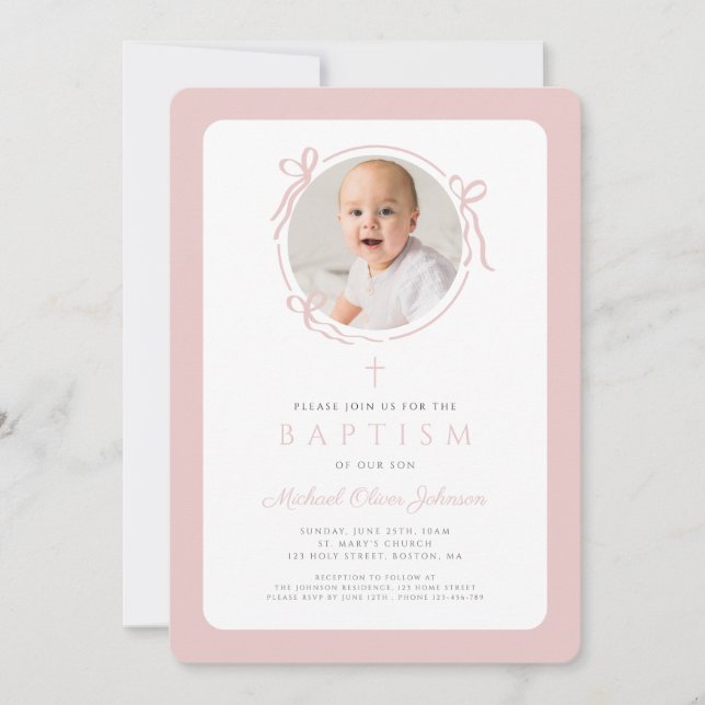 Elegant Blush Pink Bow Photo Girl Baptism Invitation (Front)