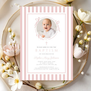 Elegant Blush Pink Bow Photo Girl Baptism Invitation