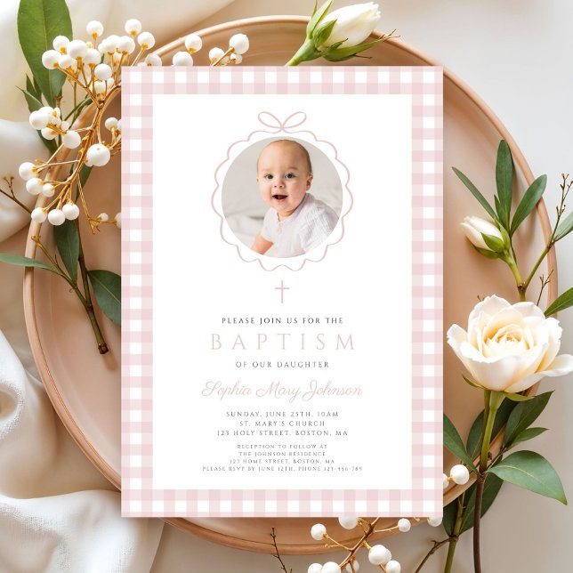 Elegant Blush Pink Bow Photo Girl Baptism Invitation (Elegant Blush Pink Bow Photo Girl Baptism Invitation)
