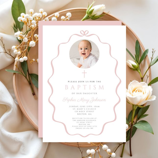 Elegant Blush Pink Bow Photo Girl Baptism Invitation (Elegant Blush Pink Bow Photo Girl Baptism Invitation)