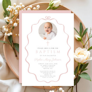 Elegant Blush Pink Bow Photo Girl Baptism Invitation