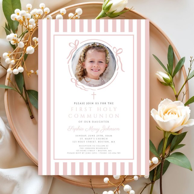 Elegant Blush Pink Bow Photo Girl First Communion Invitation (Elegant Blush Pink Bow Photo Girl First Communion Invitation)