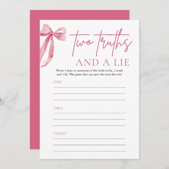 Elegant Blush Pink Bow Two Truths and a Lie Game Invitation (Front/Back)