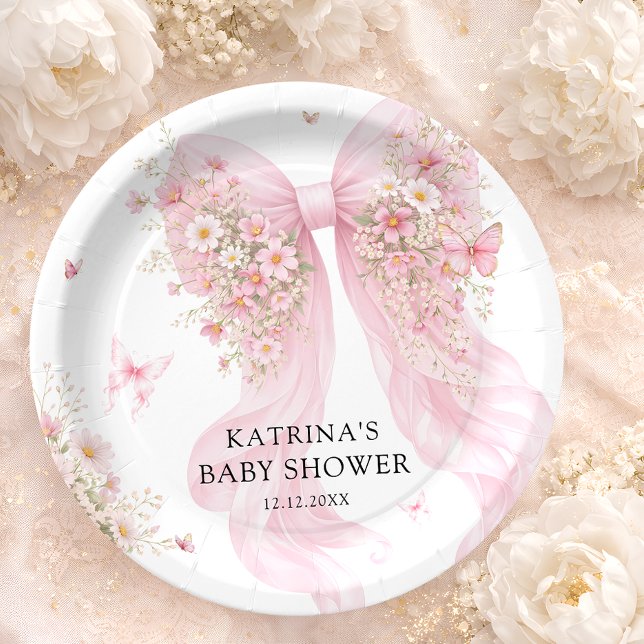 Elegant Blush Pink Bow Wildflower Baby Shower Paper Plate (Creator Uploaded)