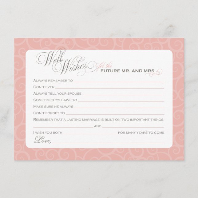 Elegant Blush Pink Bridal Shower Well Wishes Advice Card (Front)
