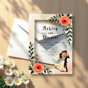 Elegant Blush Pink Bride And Groom Floral Wedding Acrylic Invitations