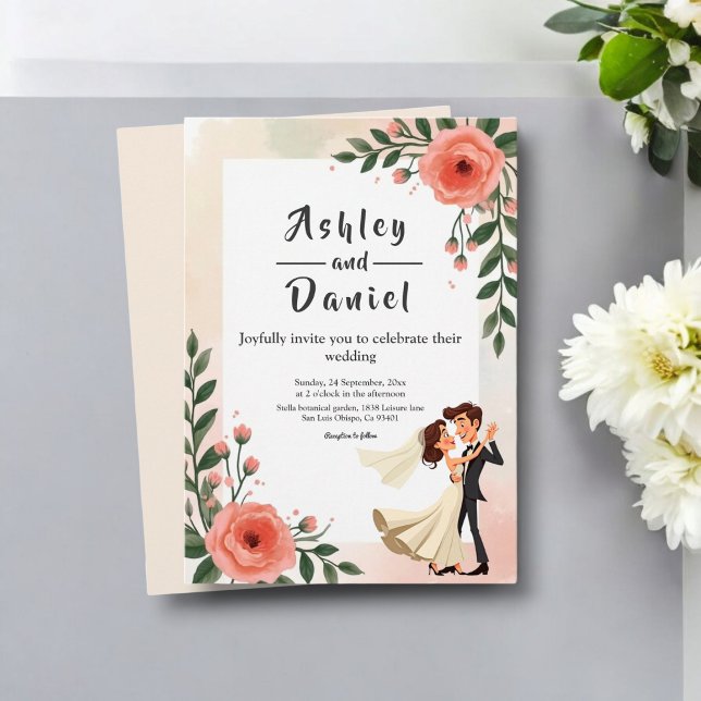 Elegant Blush Pink Bride And Groom Floral Wedding Invitation (Creator Uploaded)