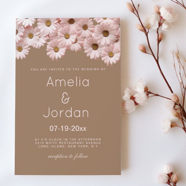 Elegant blush pink brown daisies floral Wedding Invitation (Elegant blush pink brown daisies floral Wedding )