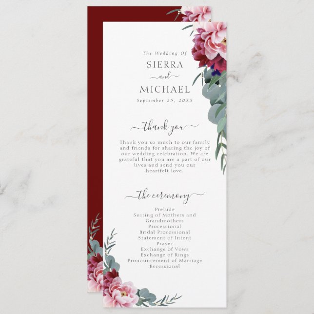 Elegant Blush Pink Burgundy Floral Foliage Wedding Programme (Front/Back)