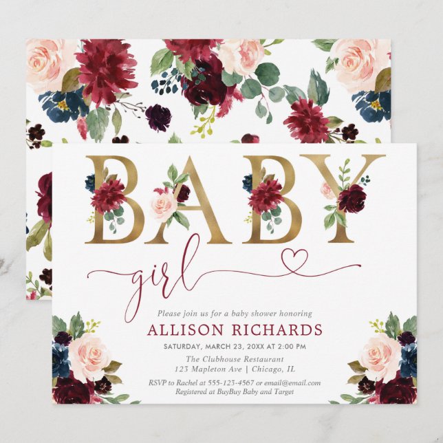 Elegant blush pink burgundy floral girl baby invitation (Front/Back)