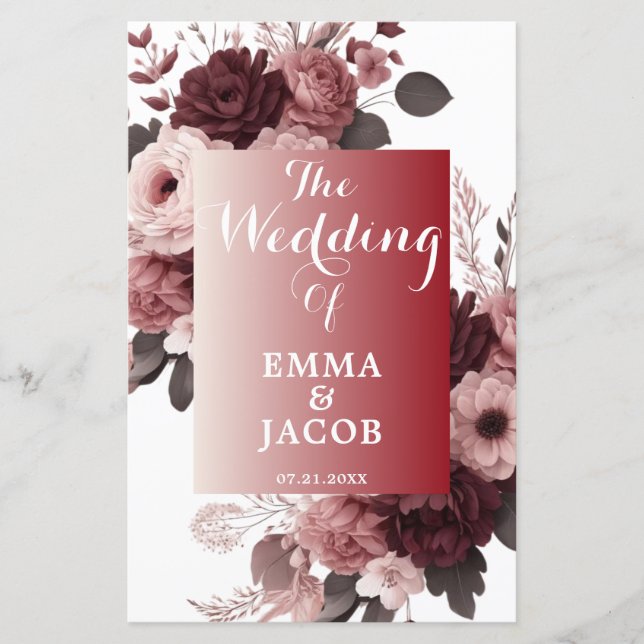 Elegant Blush Pink Burgundy Floral Wedding Program (Front)