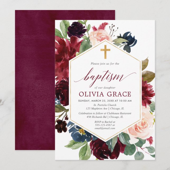 Elegant blush pink burgundy navy girl baptism invitation (Front/Back)