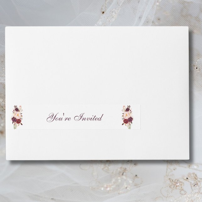 Elegant Blush Pink & Burgundy Rose Bouquet Wedding Wraparound Address Label (Creator Uploaded)