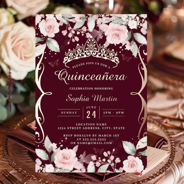 Elegant Blush Pink Burgundy Rose Gold Quinceanera  (Creator Uploaded)