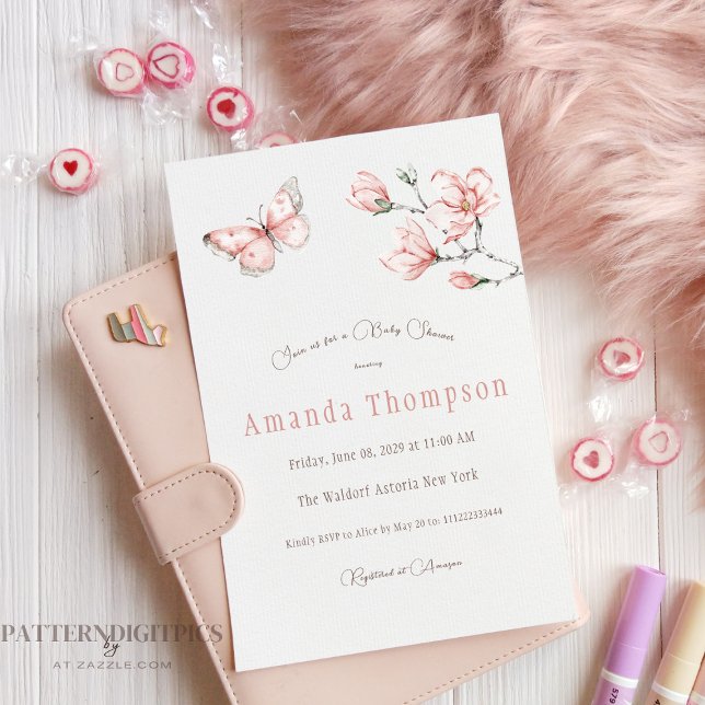 Elegant Blush Pink Butterfly Floral Baby Shower Invitation (Creator Uploaded)