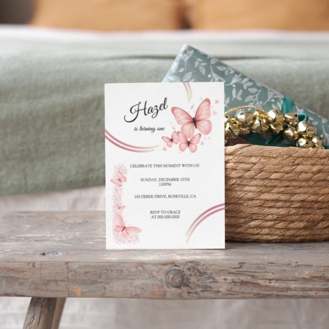 Elegant Blush Pink Butterfly Floral Birthday Invitation (Butterfly Girl 1st Birthday Invitation)