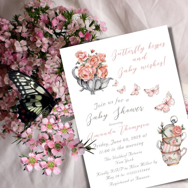 Elegant Blush Pink Butterfly Kiss Floral Tea Party Invitation (Creator Uploaded)