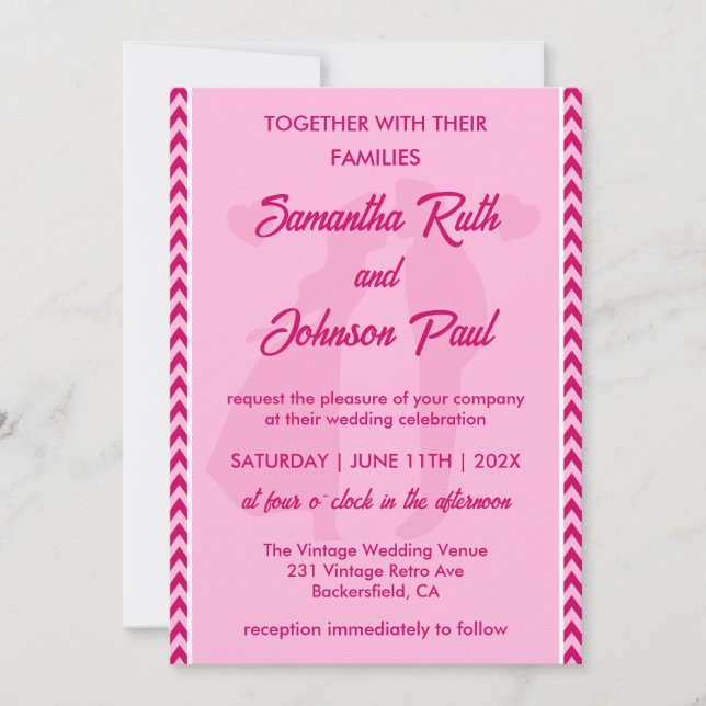 Elegant Blush Pink Chevron Stripe Wedding Invitation (Front)